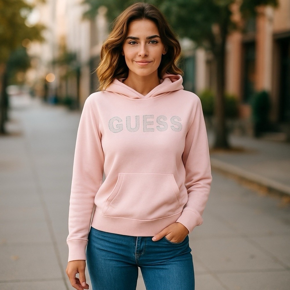 Guess Pink‎ Hooded Pull Over Crystal GUESS Long Sleeves L Ribbed Bottom